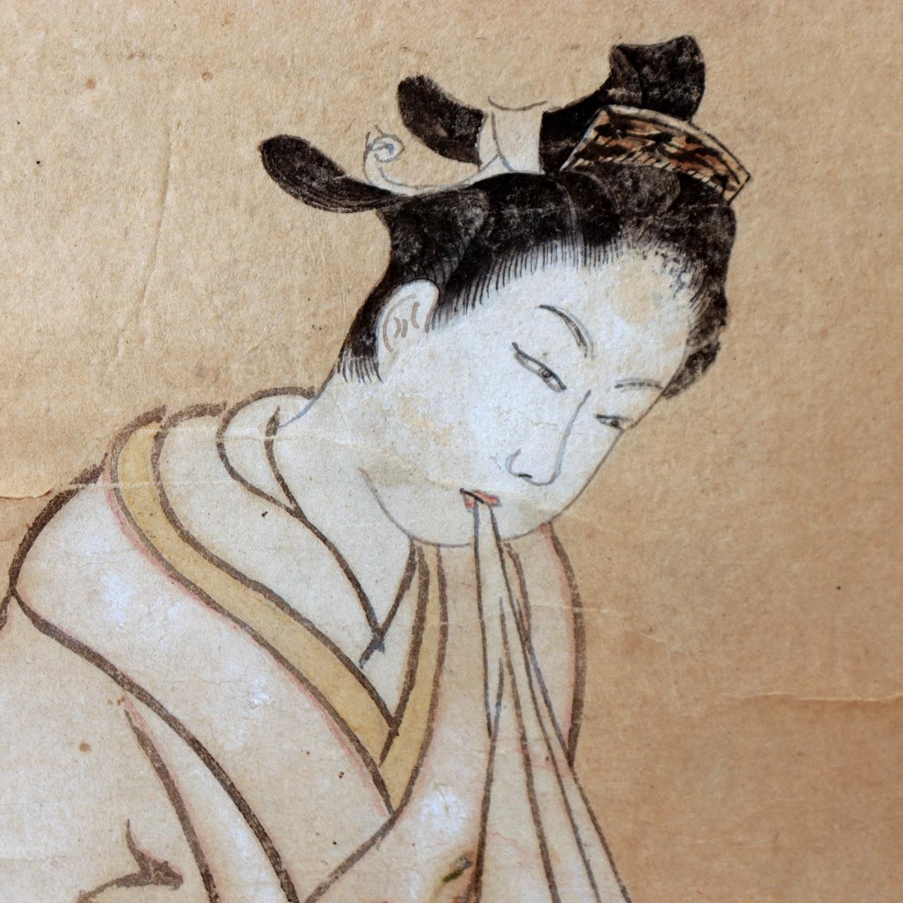 Edo Antique Paper Hanging Scroll Bijinga Hand Painted Woman Cat ASO4481