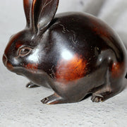 Japanese Bronze Rabbit Pair Okimono Statue Figurine Mottled Red Patina Zen12