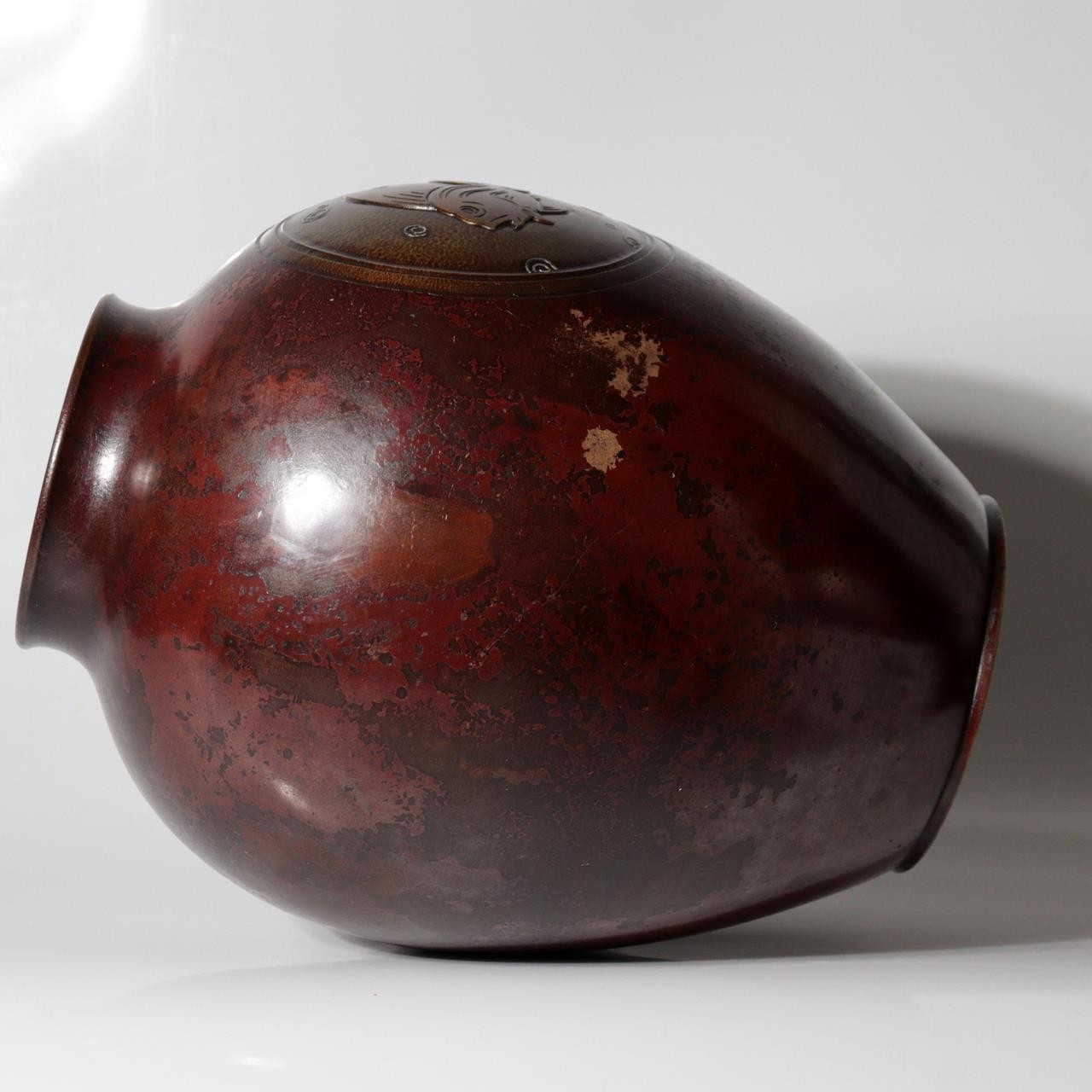 Vintage Japanese Copper Vase Silver Inlay Angelfish Motif Bronze BV78510