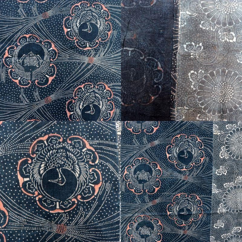 Antique Japanese Indigo Katazome Cotton Fabric Crane Turtle Chrysanthemum11