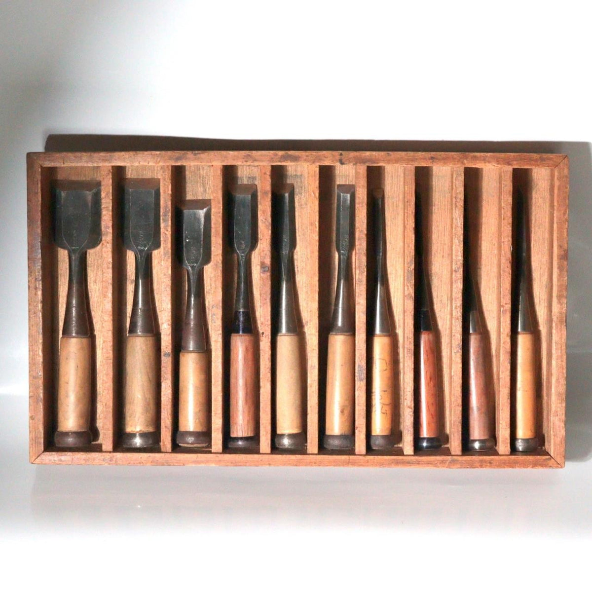 Vintage Japanese Steel Nomi Chisels Set of 10 Woodworking Tools with Wooden Box0