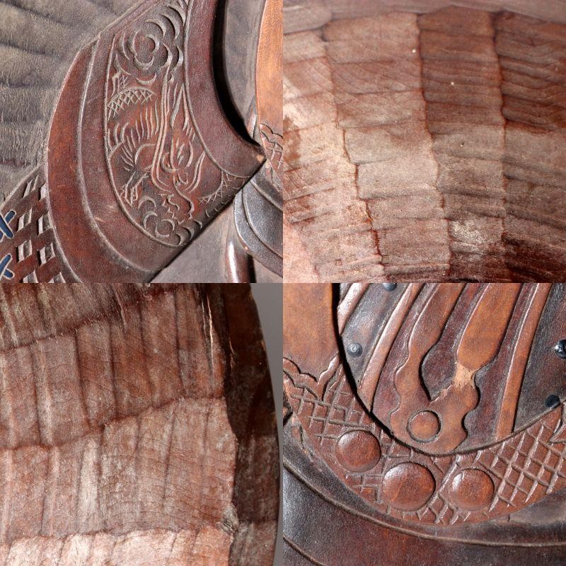 Pre-WWII Japanese Carved Wood Round Tray Samurai Kabuto Helmet Dragon Motif12
