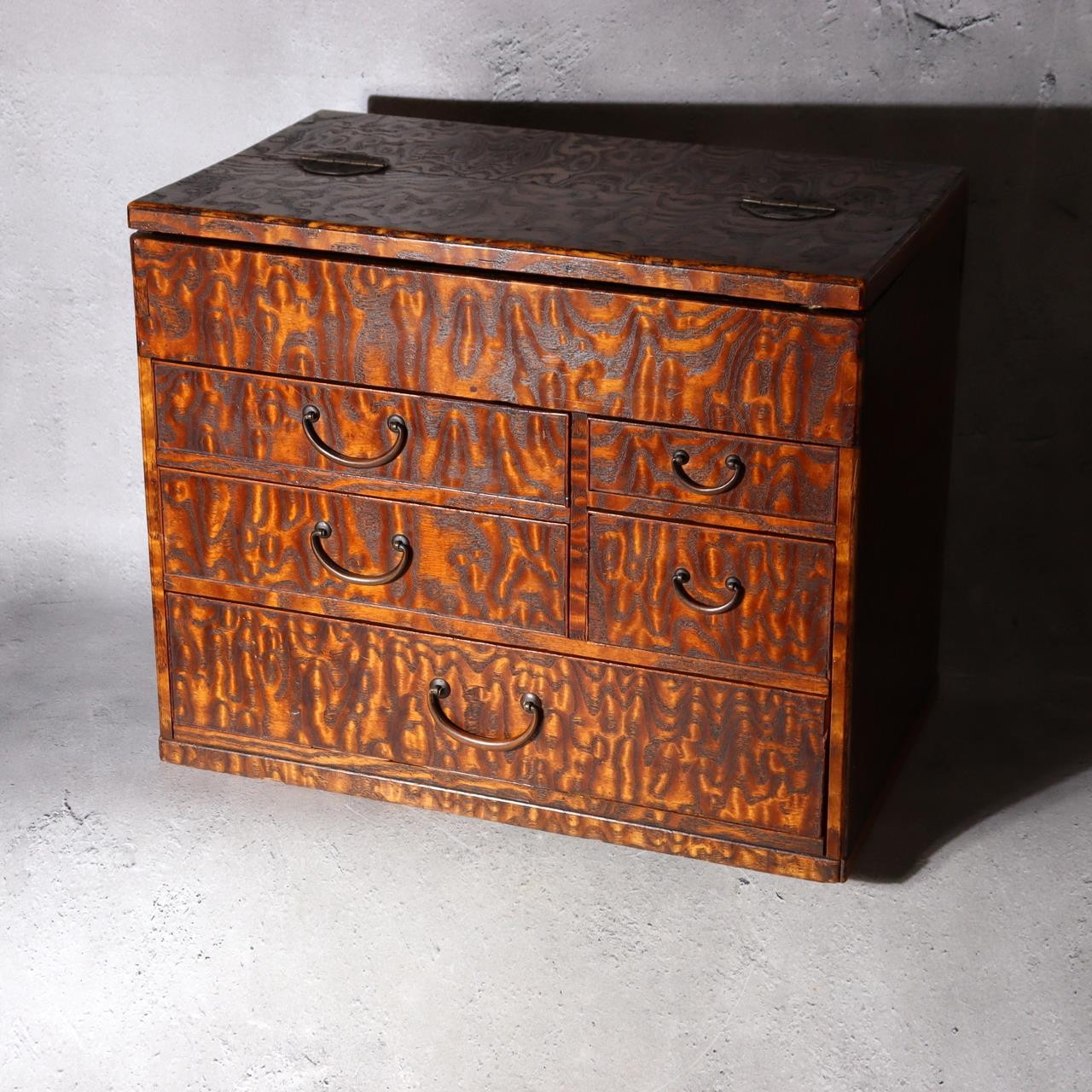 Vintage Japanese Tamo Wood Sewing Box Haribako Full Burl Grain Chest WO6060