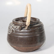 Japanese Mashiko Ware Ceramic Teapot Dark Brown Glaze Slip Motif PCP1462