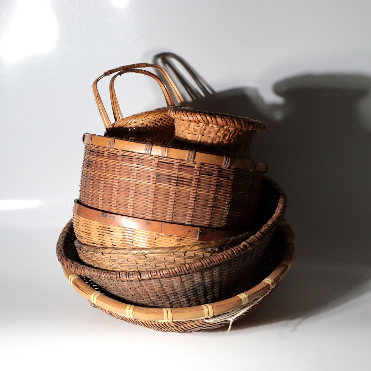 Vintage Japanese Folk Craft Bamboo Woven Basket Collection Set of 8 WO6391