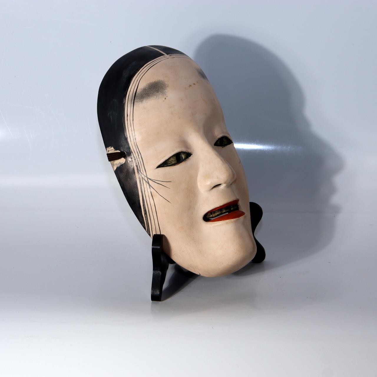 Japanese Carved Wooden Noh Mask Deigan Gold Eyes Signed with Mark Tomobako6