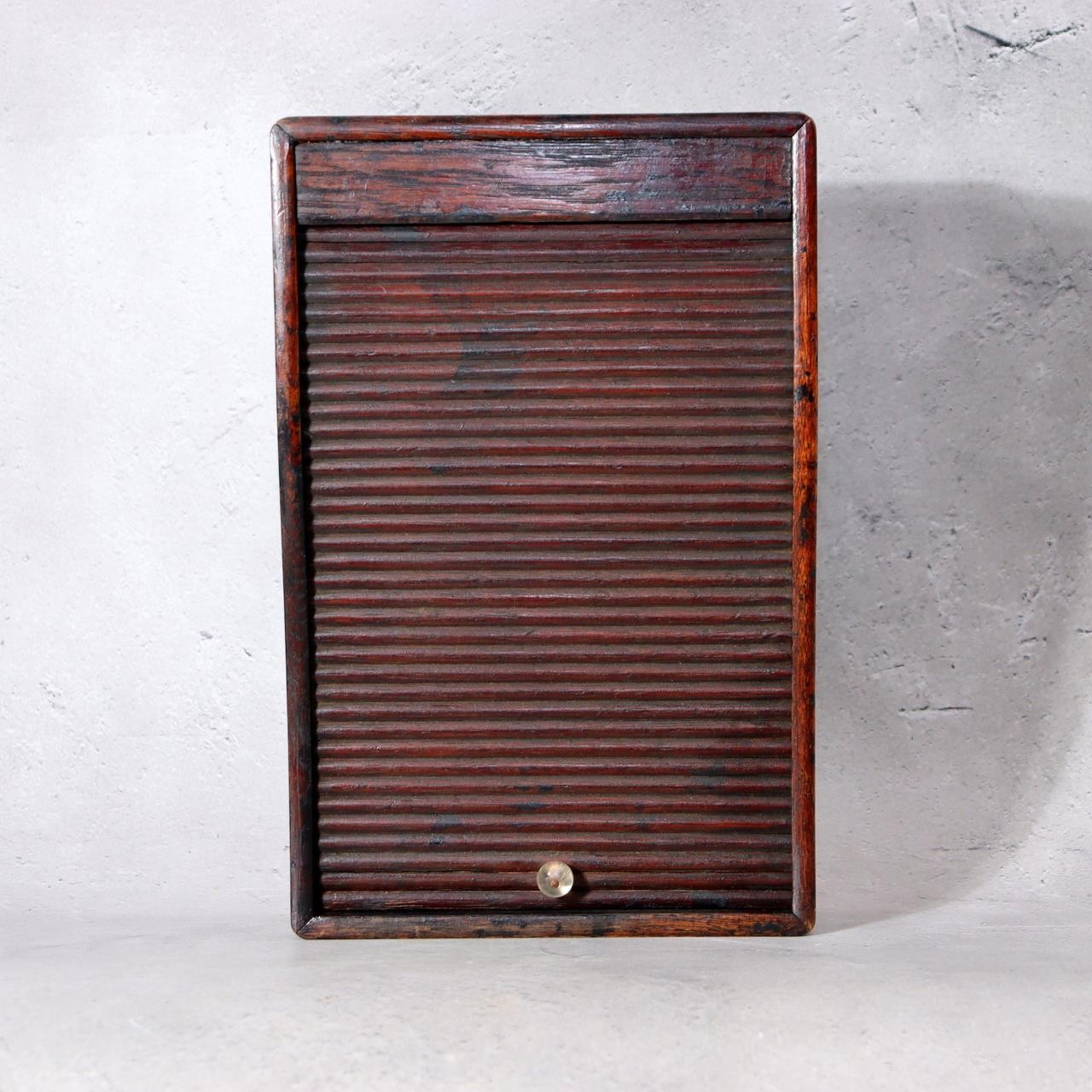Japanese Vintage Tambour Roll-Top Wooden Box - "Jabara" Slatted Lid Showa Era0