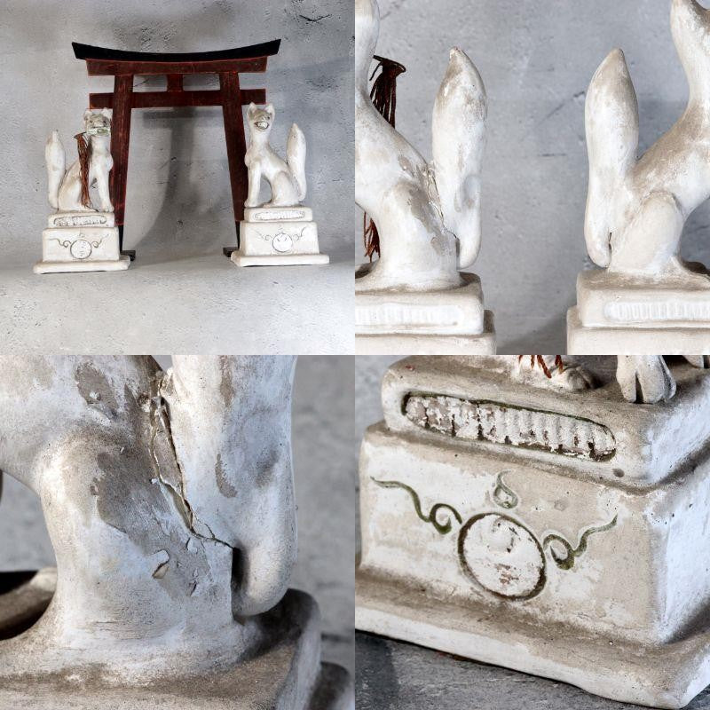 Vintage Japanese Plaster Toyokawa Inari Fox Statues Pair Torii Gate Shinto11