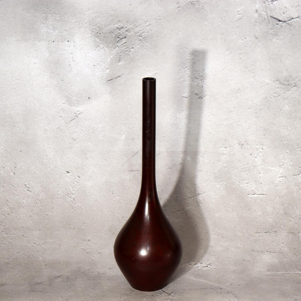 Vintage Japanese Bronze Bud Vase Long Neck Reddish Brown Patina Ikebana Zen BV724