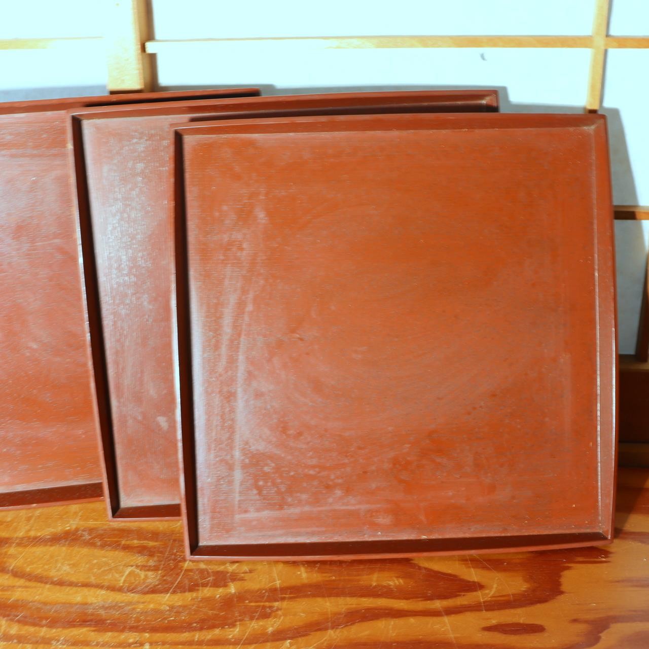 Japanese Vintage Lacquer Tray Obon Square Set of 5 Simple Wood Grain Reddish Bro6