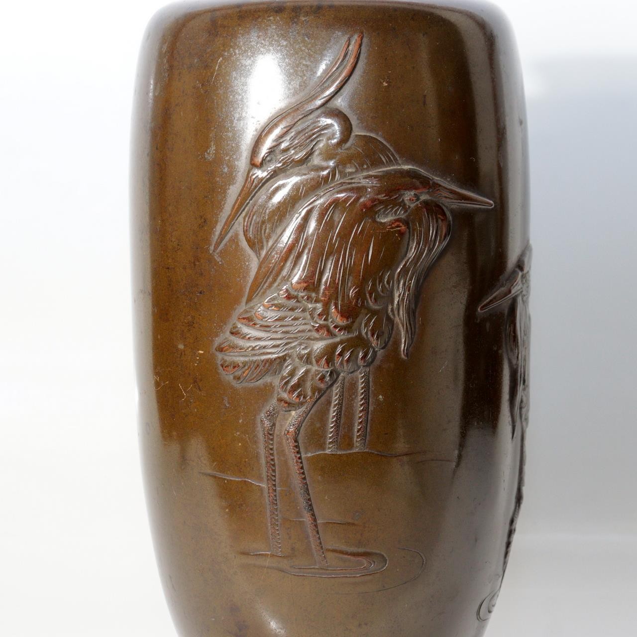 Antique Japanese Bronze Vase with Three Herons – Dated Wooden Box, 193111