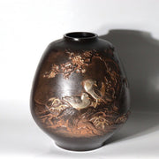 Vintage Japanese Takaoka Copper Bronze Vase Ryusen Relief Inlay Mandarin Duck1