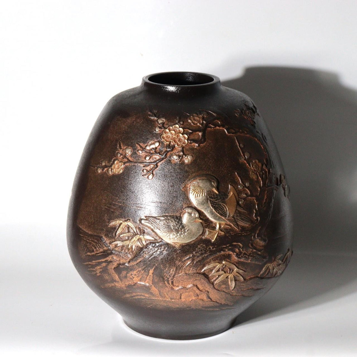 Vintage Japanese Takaoka Copper Bronze Vase Ryusen Relief Inlay Mandarin Duck1