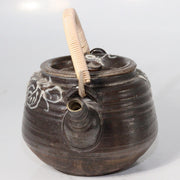 Japanese Mashiko Ware Ceramic Teapot Dark Brown Glaze Slip Motif PCP1463