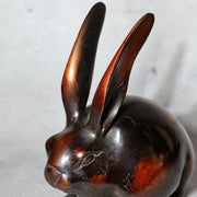 Japanese Bronze Rabbit Pair Okimono Statue Figurine Mottled Red Patina Zen13