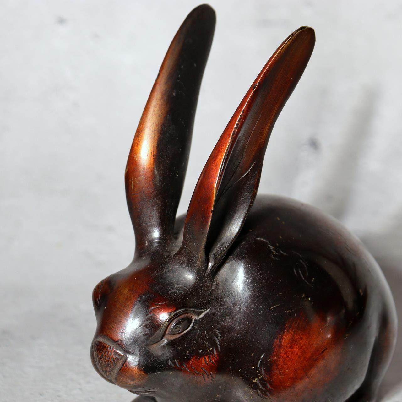 Japanese Bronze Rabbit Pair Okimono Statue Figurine Mottled Red Patina Zen13