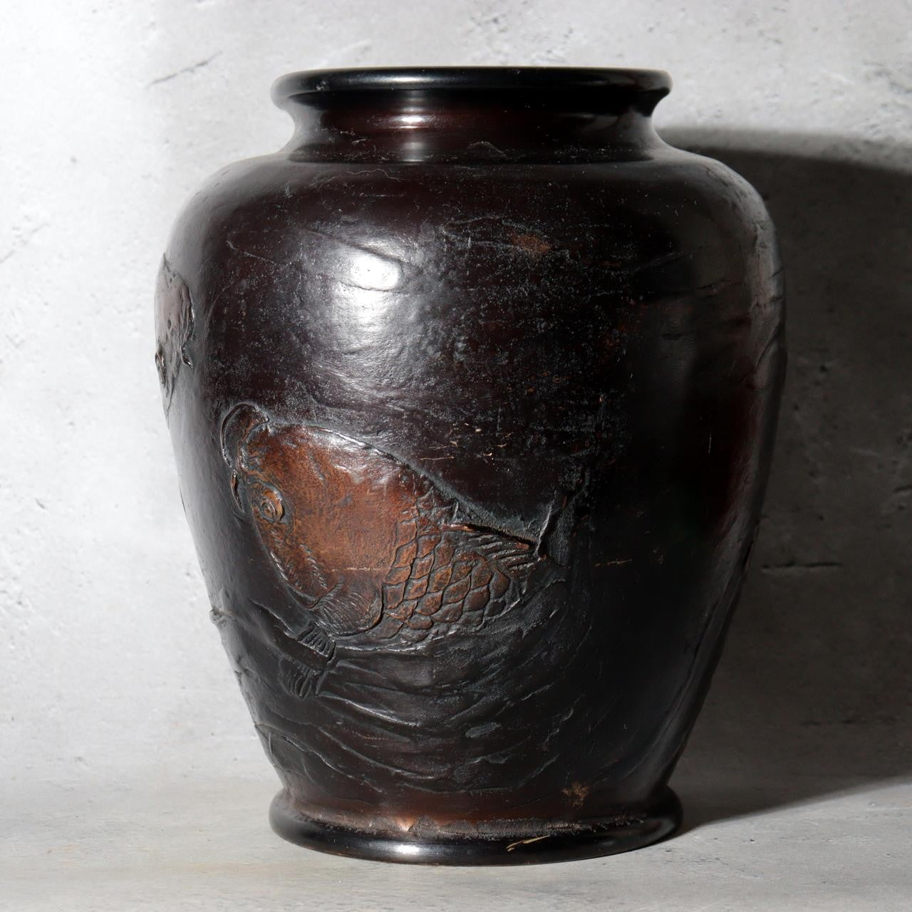 Antique Japanese Takaoka Bronze Vase Hozan Twin Koi Lotus Pond BV774-214