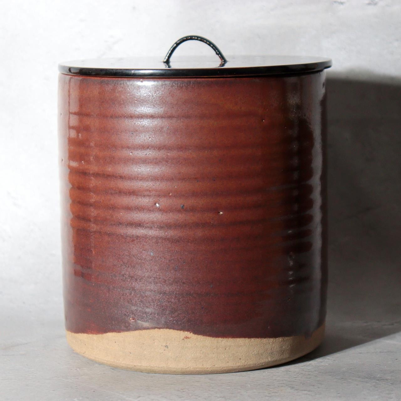 Japanese Seto Ware Ceramic Mizusashi Water Jar Brown Ribbed Texture Tomobako8