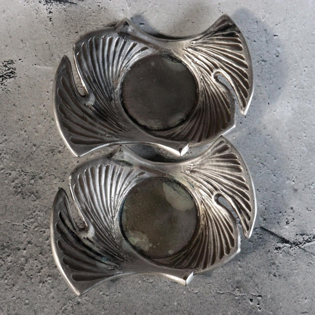 Vintage Japanese Cast Tin Chataku Tea Saucers ginkgo leaves Okajima Set of 511