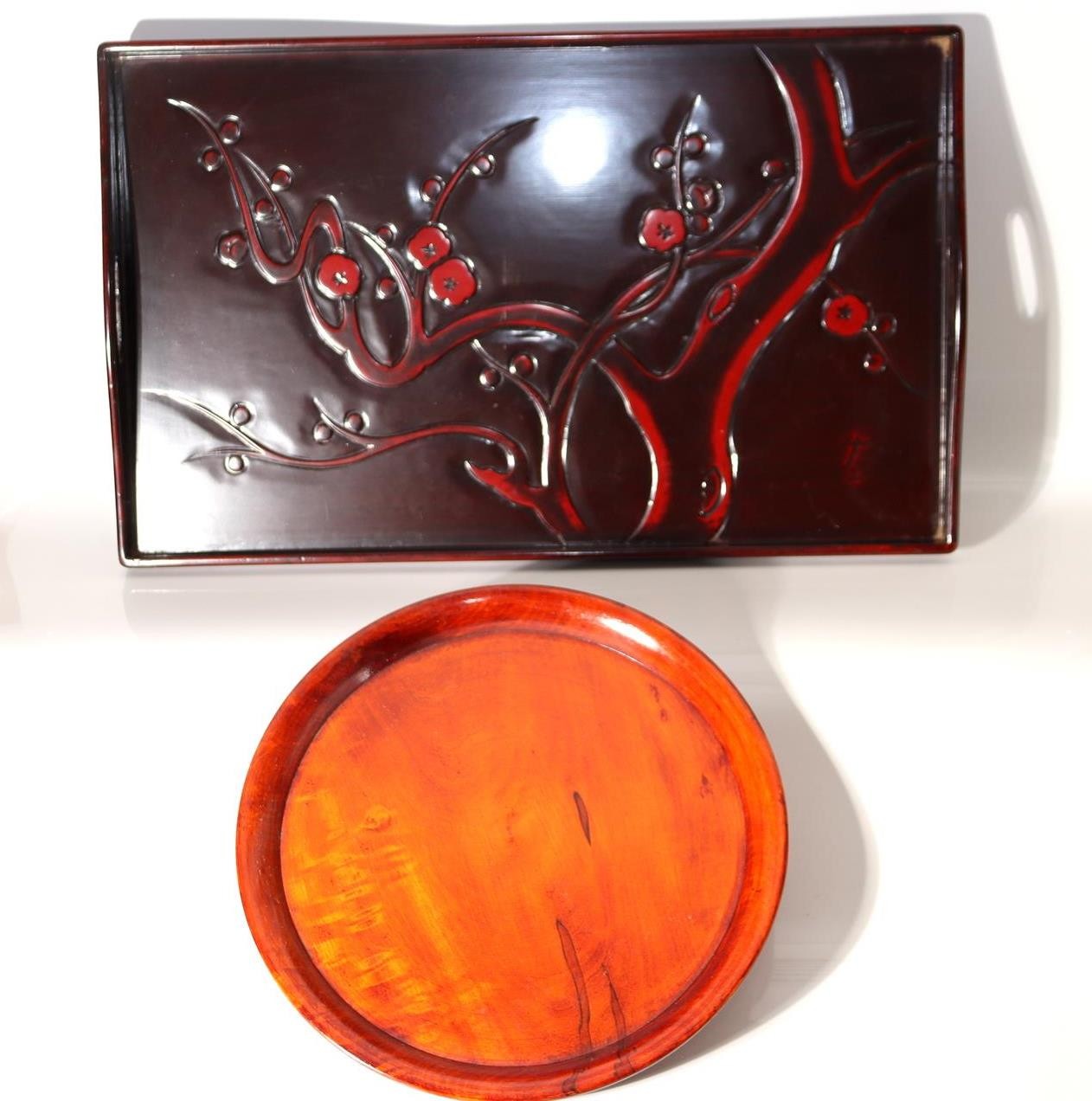 Japanese Lacquer Tray Set 2pc Tsuishu Carved Plum Rectangular Round WO5491