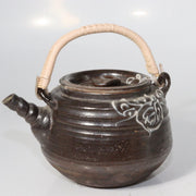 Japanese Mashiko Ware Ceramic Teapot Dark Brown Glaze Slip Motif PCP14612