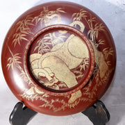 Vintage Japanese Lacquerware Large Lidded Bowl Neko Tora Tiger Bamboo WO60218