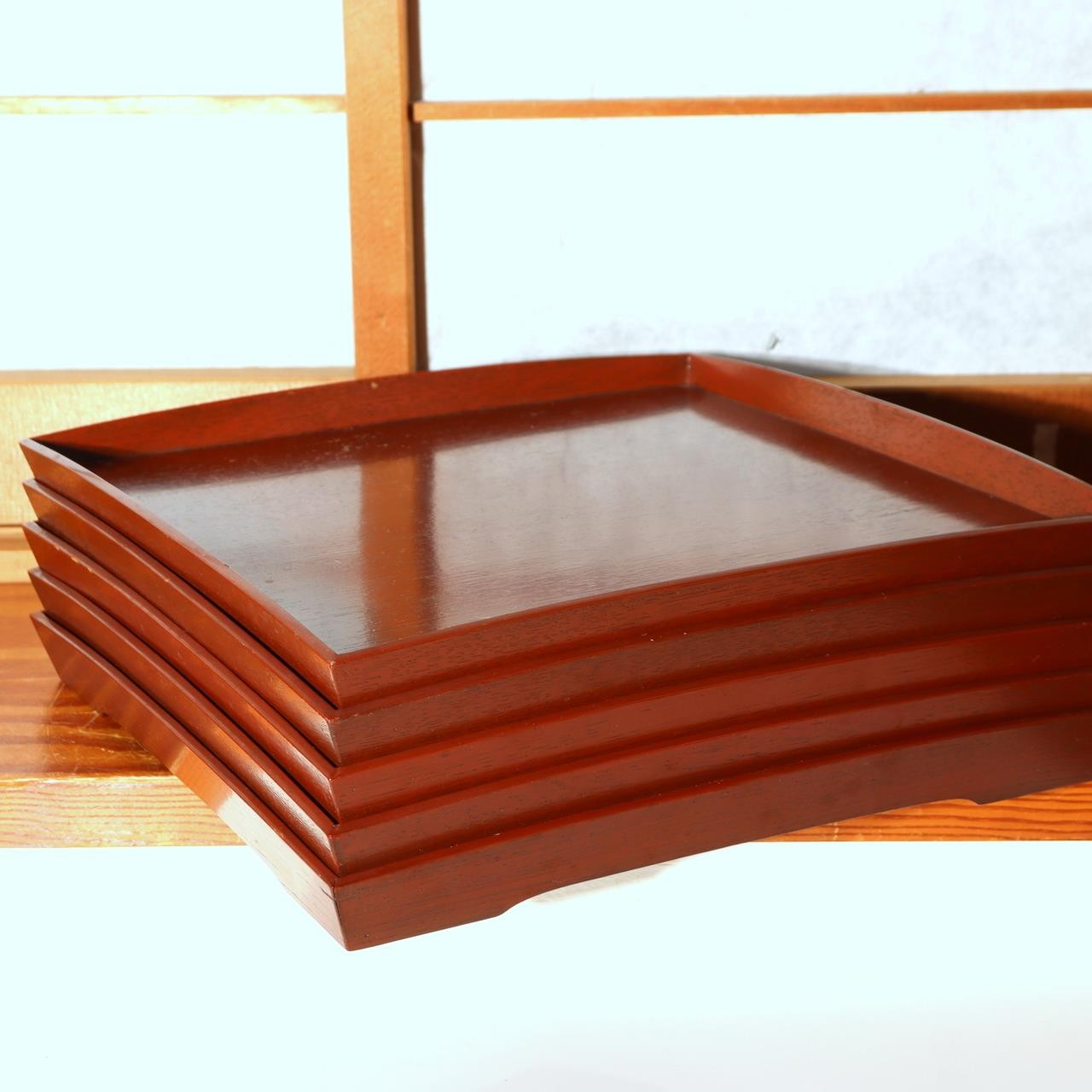 Japanese Vintage Lacquer Tray Obon Square Set of 5 Simple Wood Grain Reddish Bro0