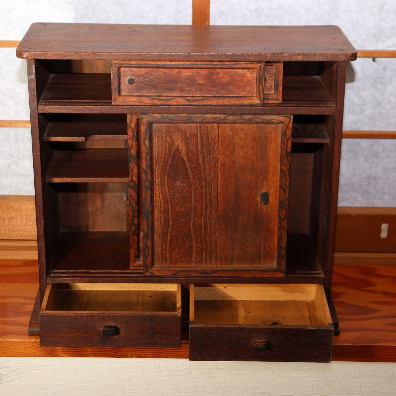 Japanese Antique Cabinet Kotansu Kurogaki Black Persimmon Keyaki Wood Shelf2