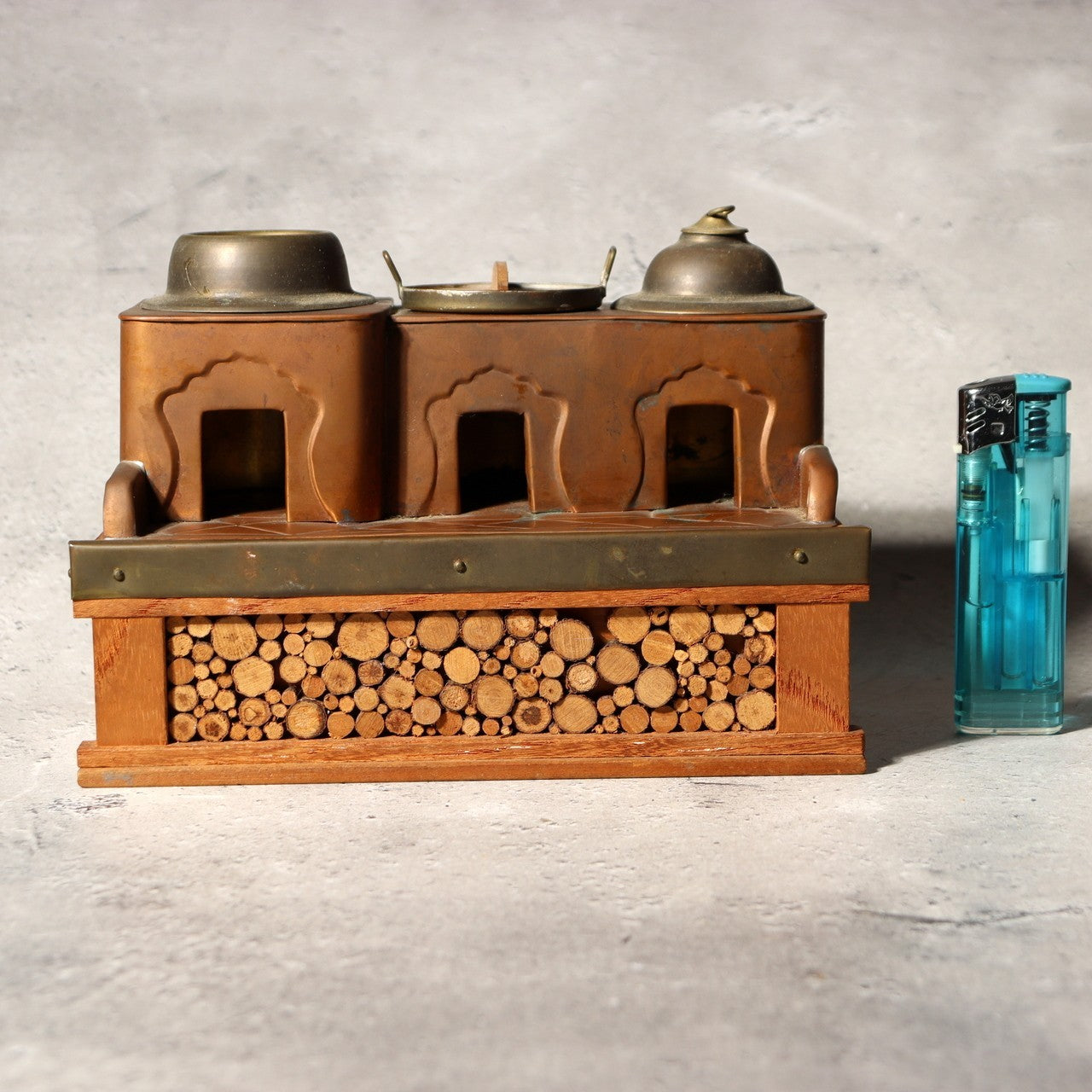 Vintage Japanese Copper Miniature Stove Okudo-san Kamado Sake Warmer Toy Decor1