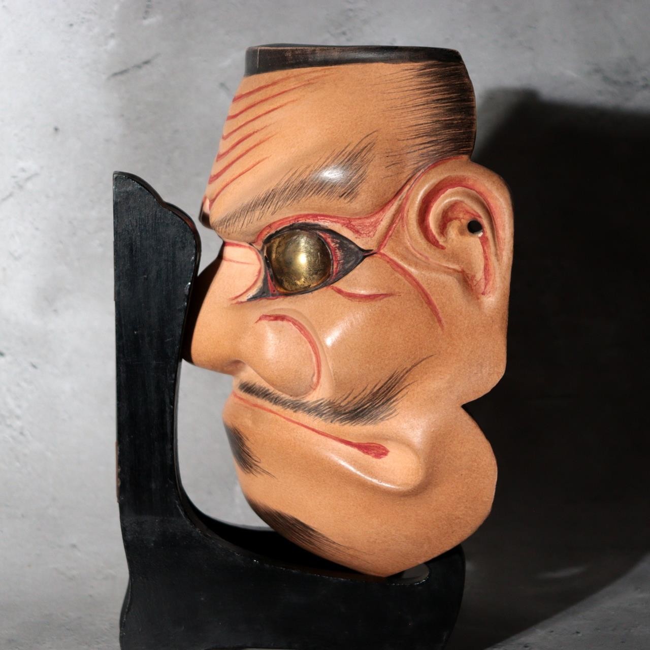 Japanese Carved Wooden Noh Mask Omi Male Demon with Bag MSK5465