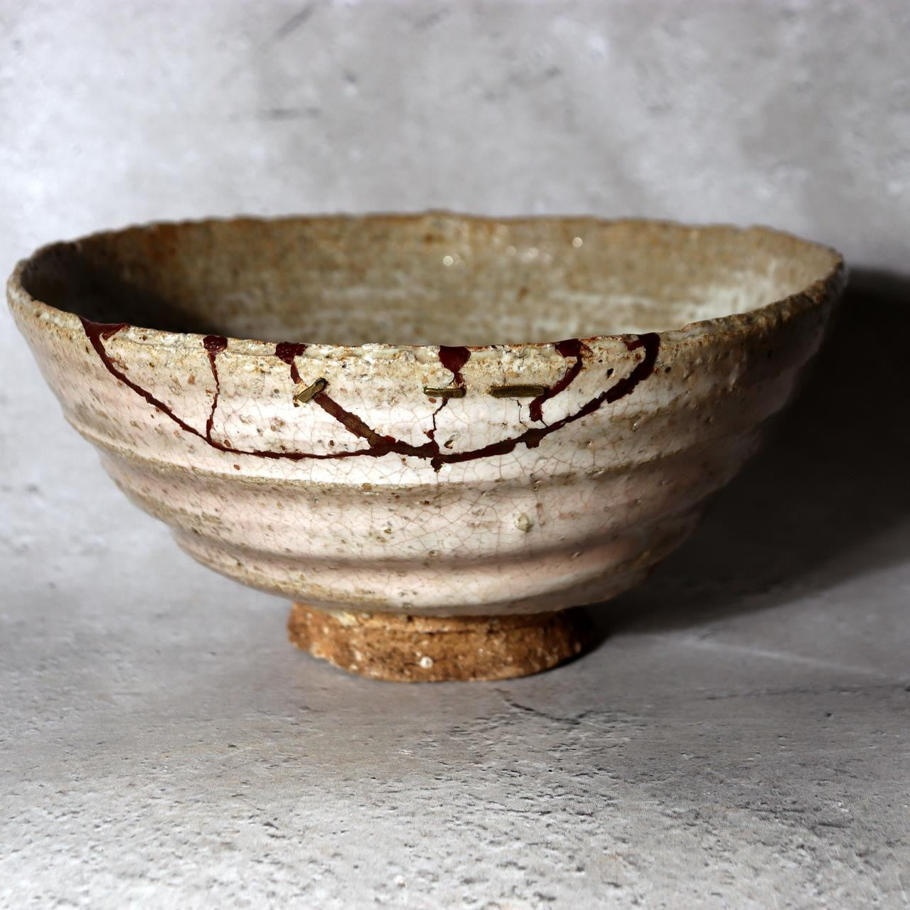 Japanese Antique Tea Bowl Chawan Shigaraki Style Kasugai Staple Repair Wabi Sabi0