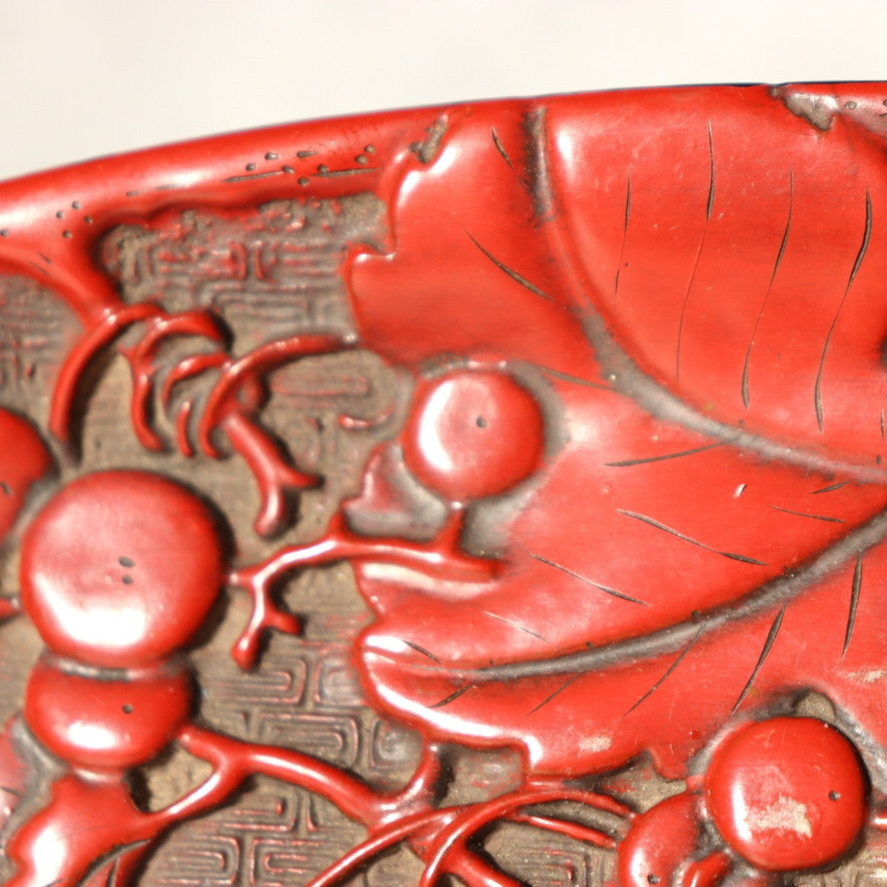 Japanese Vintage Carved Wood Lacquer Tray Tsuishu Red Grapes Design Small WO5127