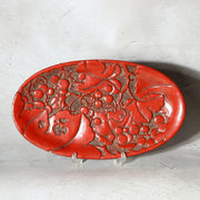 Japanese Vintage Carved Wood Lacquer Tray Tsuishu Red Grapes Design Small WO5120
