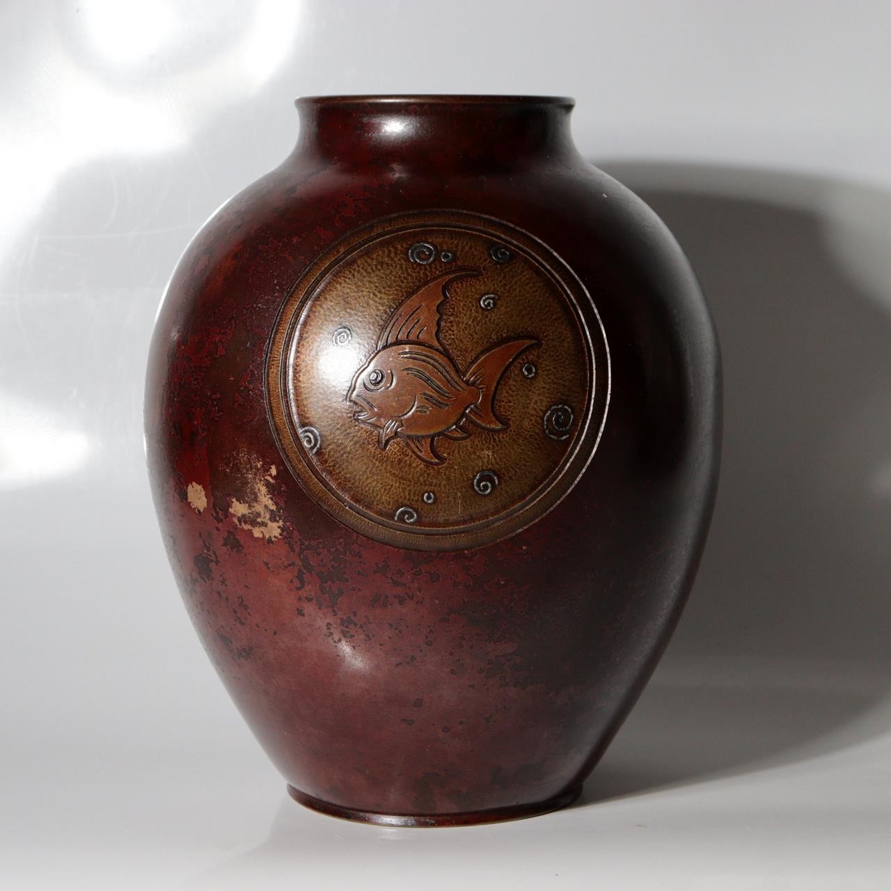 Vintage Japanese Copper Vase Silver Inlay Angelfish Motif Bronze BV7850