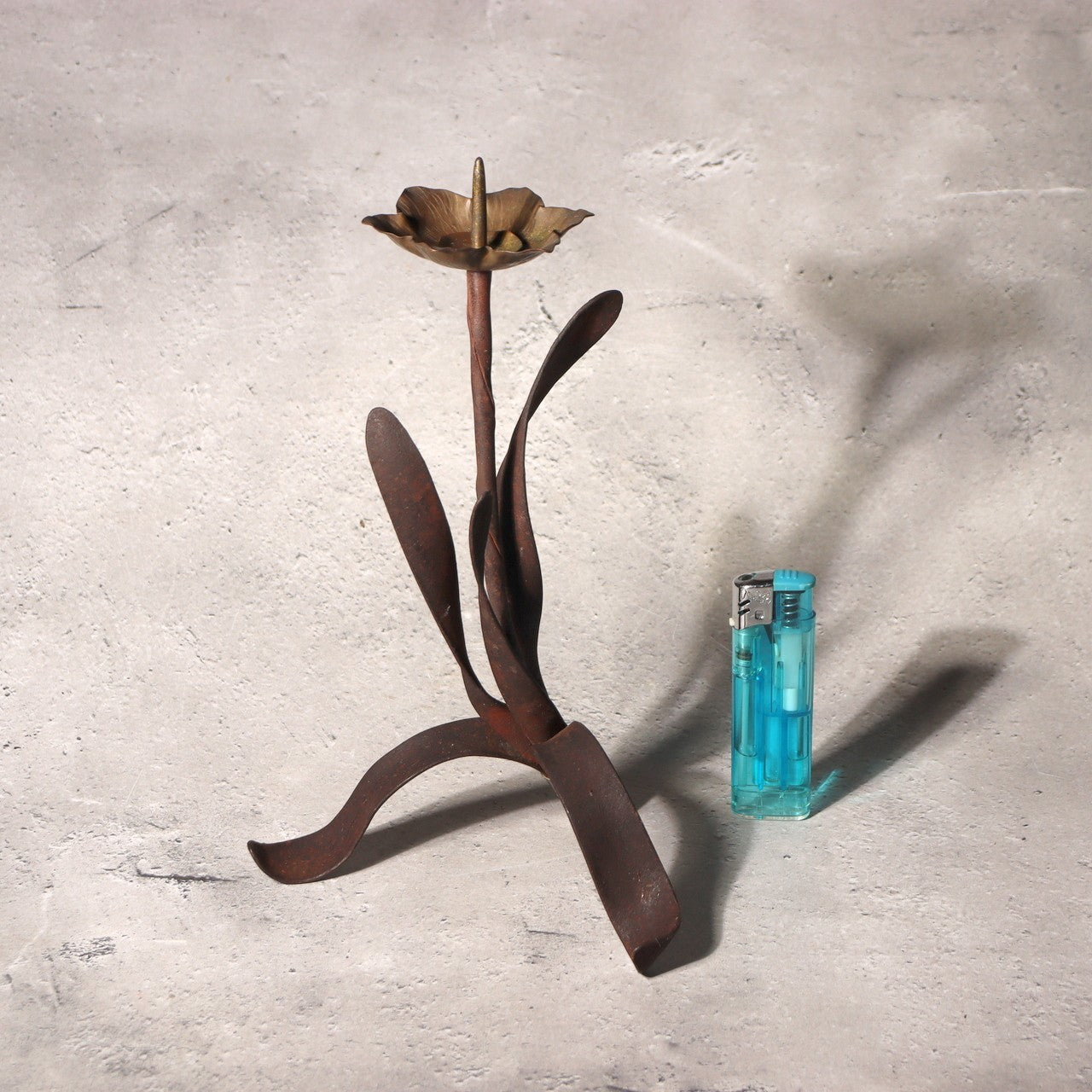 Japanese Antique Candle Stand Teshoku Iron Copper Narcissus Flower Rustic BV7172