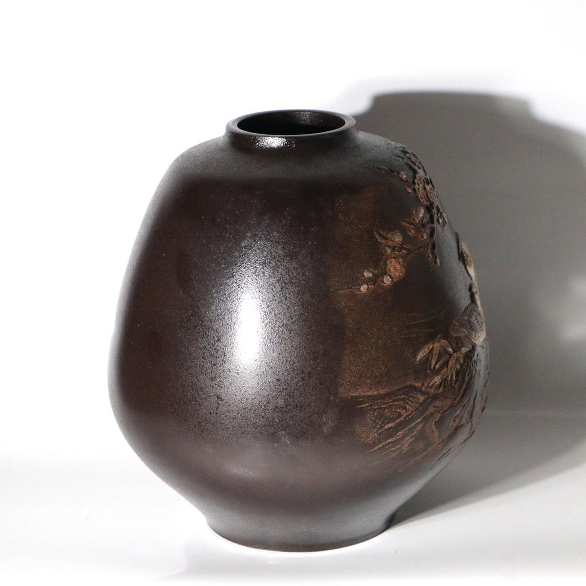 Vintage Japanese Takaoka Copper Bronze Vase Ryusen Relief Inlay Mandarin Duck5