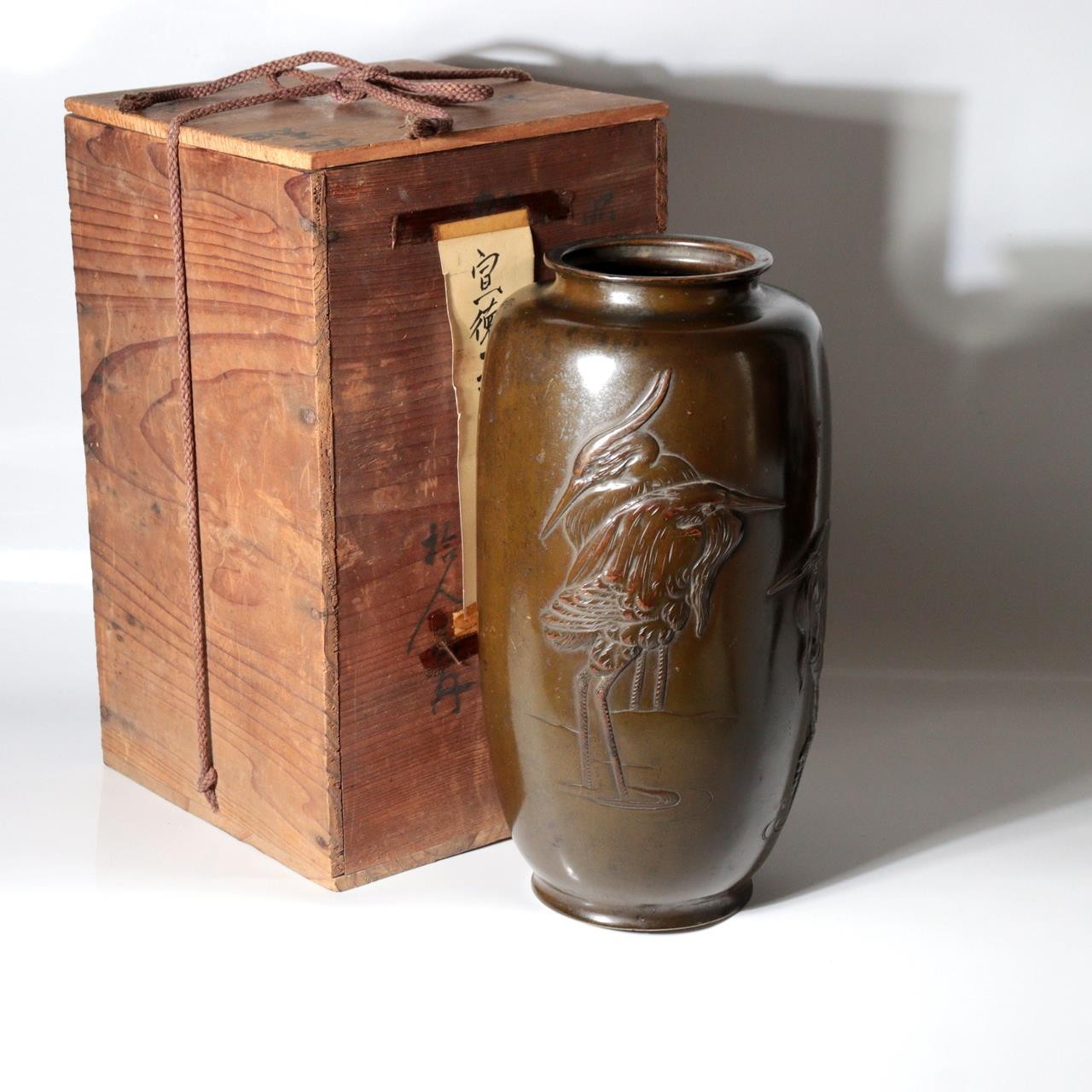 Antique Japanese Bronze Vase with Three Herons – Dated Wooden Box, 19310