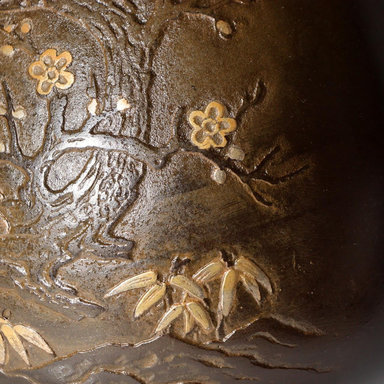Vintage Takaoka Bronze Vase Ryusen Mandarin Duck Plum Bamboo Pattern BV76017