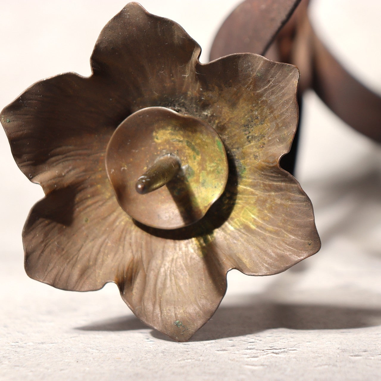 Japanese Antique Candle Stand Teshoku Iron Copper Narcissus Flower Rustic BV7177