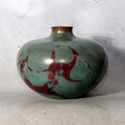 Japanese Takaoka Bronze Flat Round Vase Kankei Hanya Mottled Patina Tomobako1