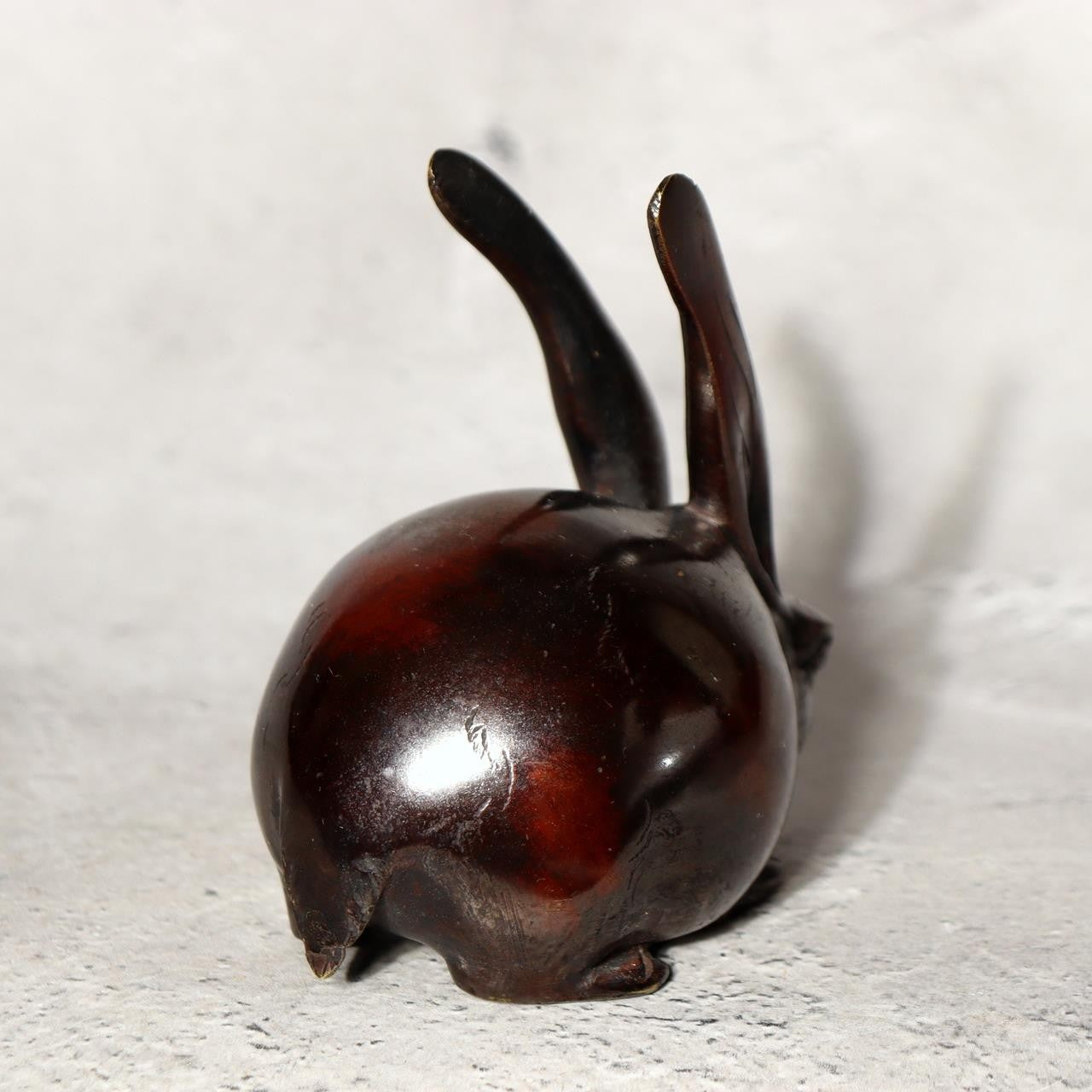 Japanese Bronze Rabbit Pair Okimono Statue Figurine Mottled Red Patina Zen16