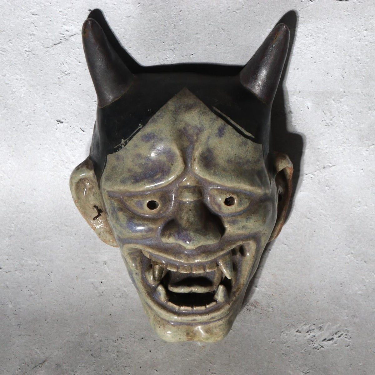 Antique Meiji Showa Mino Ware Ceramic Hannya Mask Shrine Dedication Box2