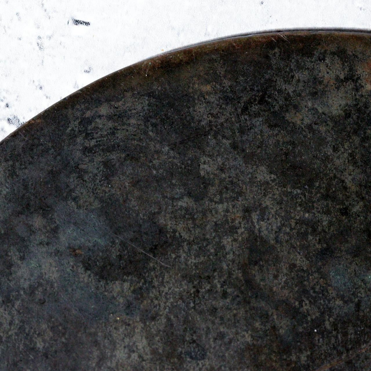 Antique Edo Period Bronze Hand Mirror Fujiwara Yoshikatsu Wooden Handle BOSa499