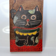 Vintage Japanese Wood Sign Kanban Black Cat Maneki Neko Sincerity Showa Era9