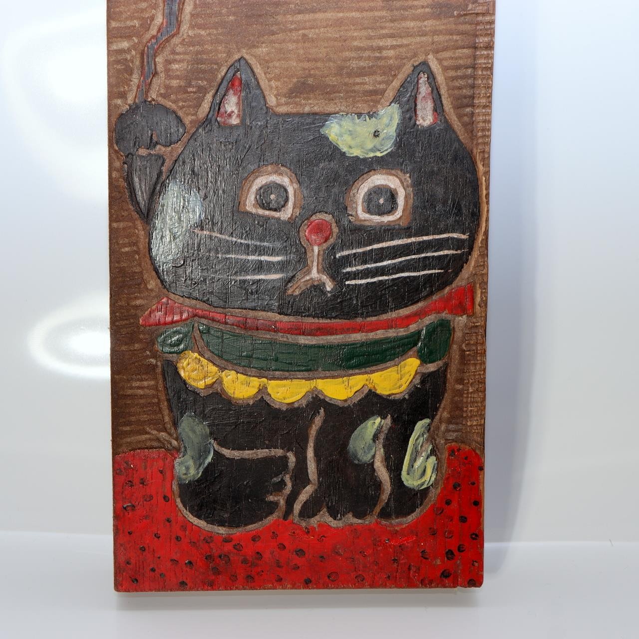 Vintage Japanese Wood Sign Kanban Black Cat Maneki Neko Sincerity Showa Era9