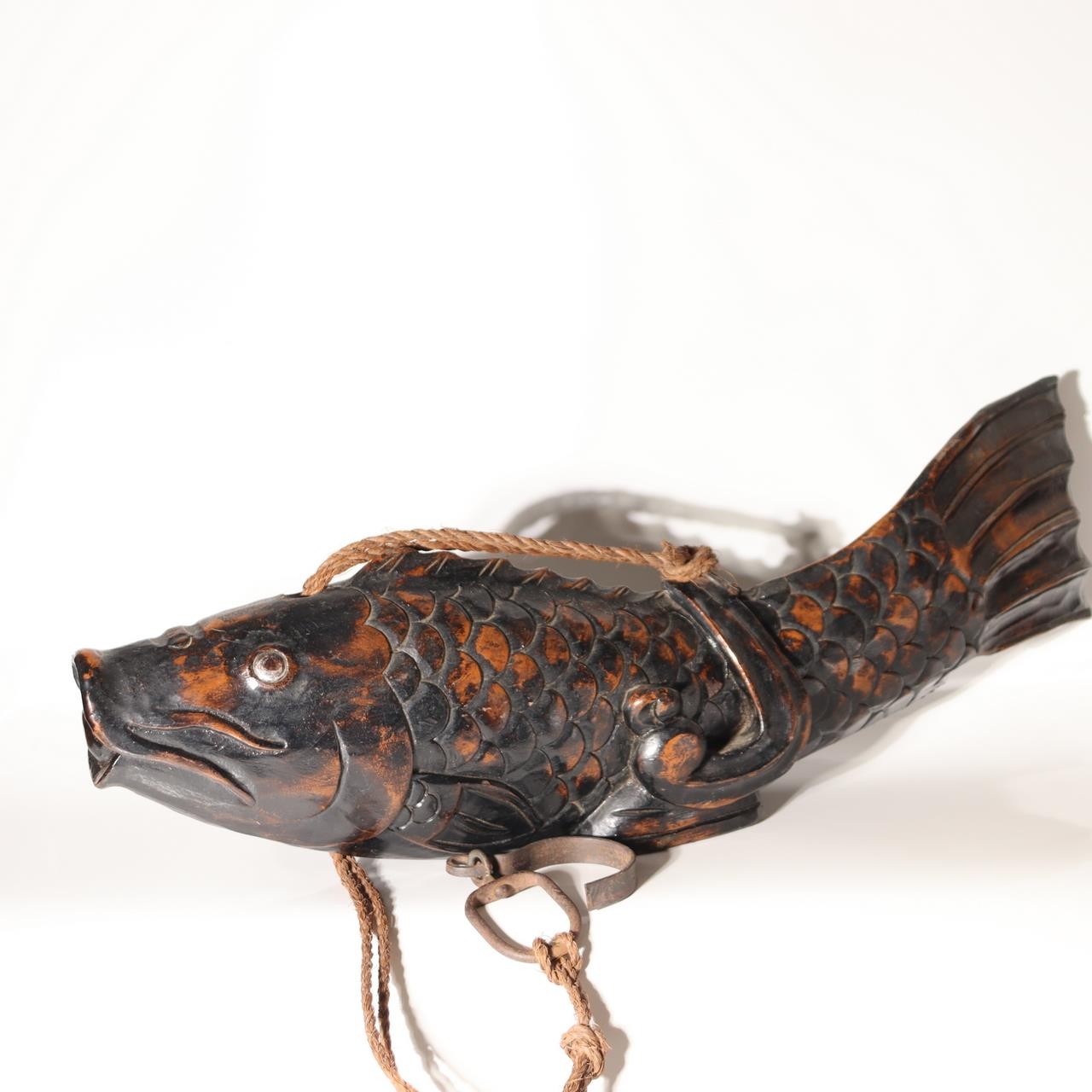 Japanese Vintage  Wood Carved Fish Jizaikagi Yokogi Hearth Hook Crossbar Mingei10