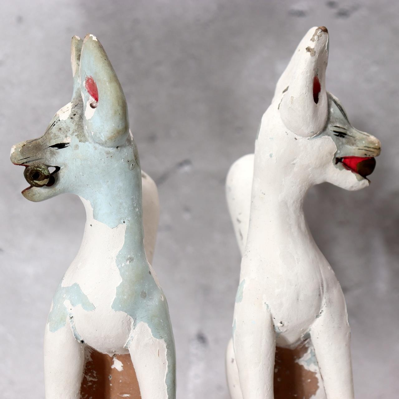 Pair of Vintage Japanese Clay Inari Fox Statues Traditional Gofun Finish Temple7