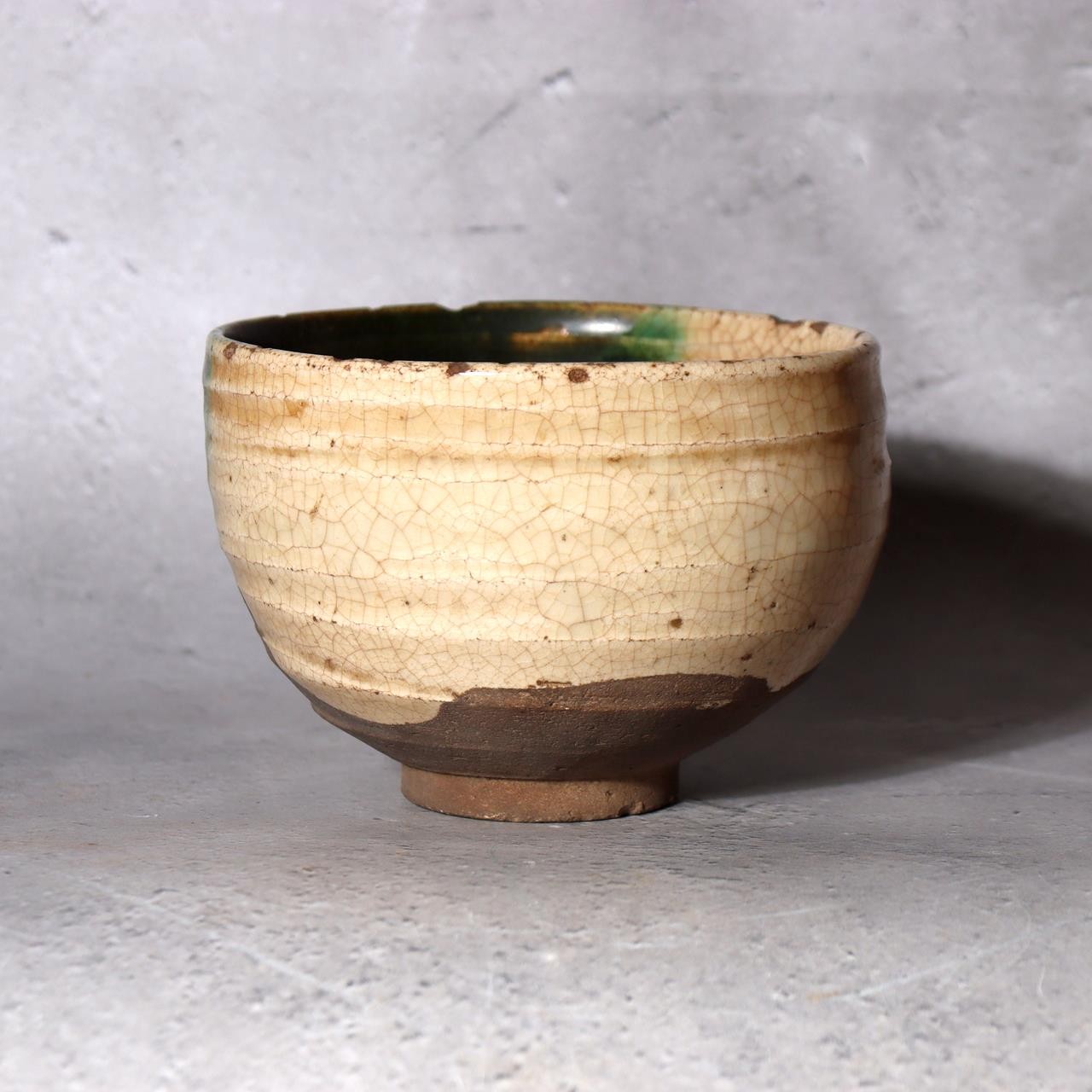 Japanese Seto-Oribe Matcha Tea Bowl Emerald Green Crackle Glaze Chawan Sidned6