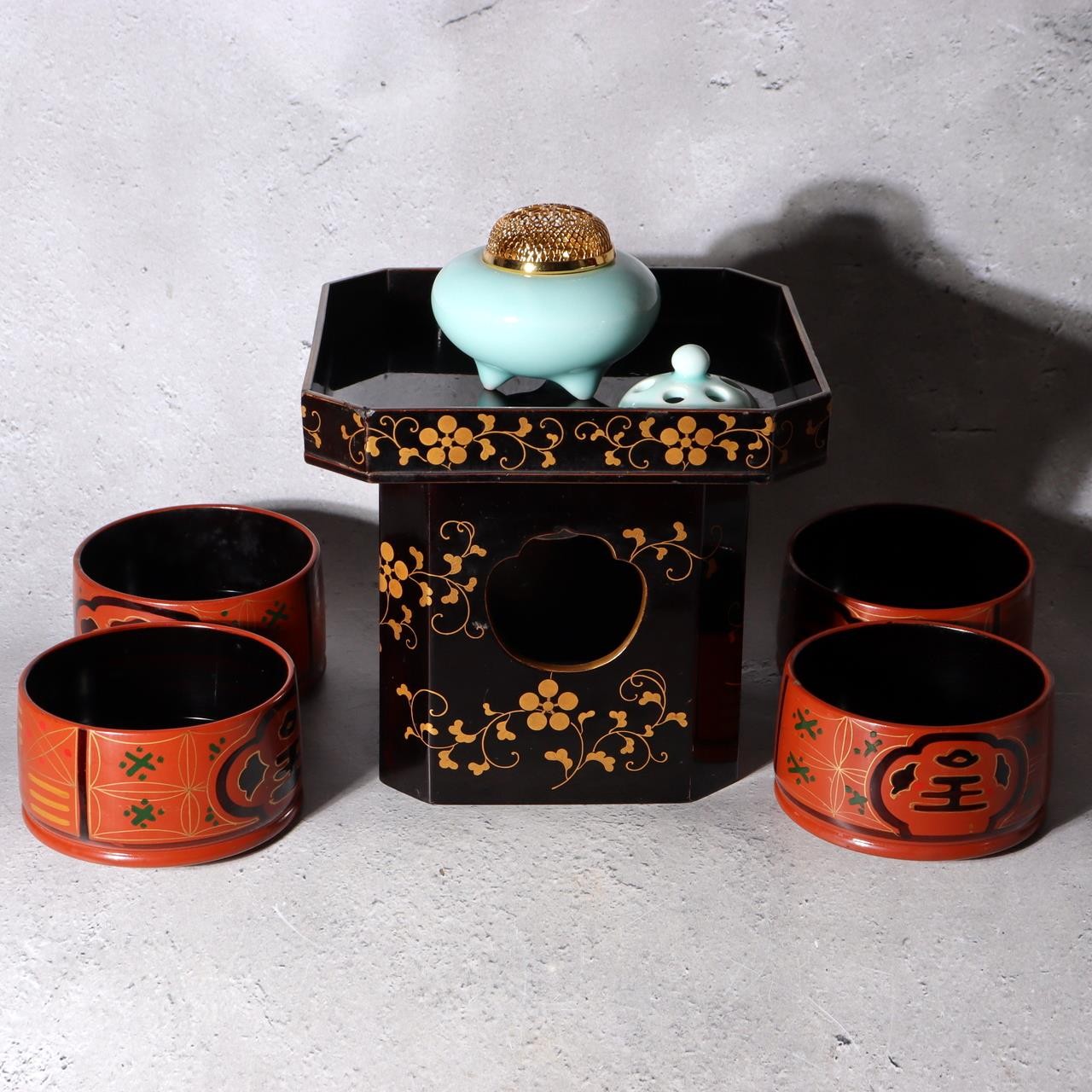 Japanese Buddhist Altar Incense Celadon Koro Burner Maki-e Sanbo Stand Bowls0