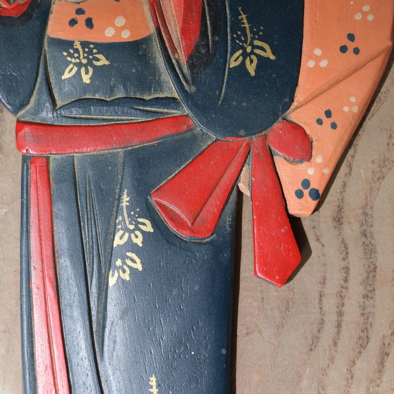 Japanese Antique Wooden Relief Panel — Geisha / Oiran Beauty with Fan Kanban7
